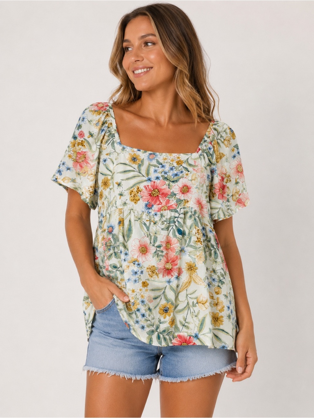 Emerald Floral Square Neck Flutter Sleeve Peplum Blouse Women’s Medium